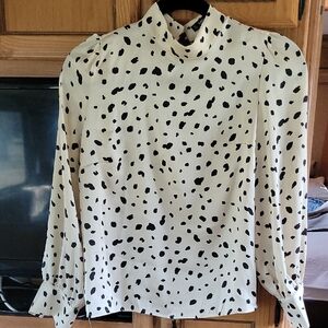 SHEIN Cream Mock Neck Long Sleeve Blouse with Black Spot Print
